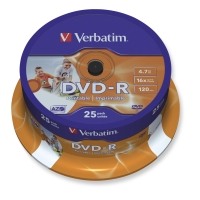 Verbatim nyomtatható DVD-R lemezek 4,7 GB, 25 darab/csomag