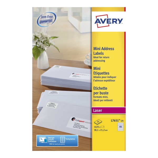 Avery L7651 mini étiquettes laser Jam Free 38,1x21,2mm - boîte de 1625