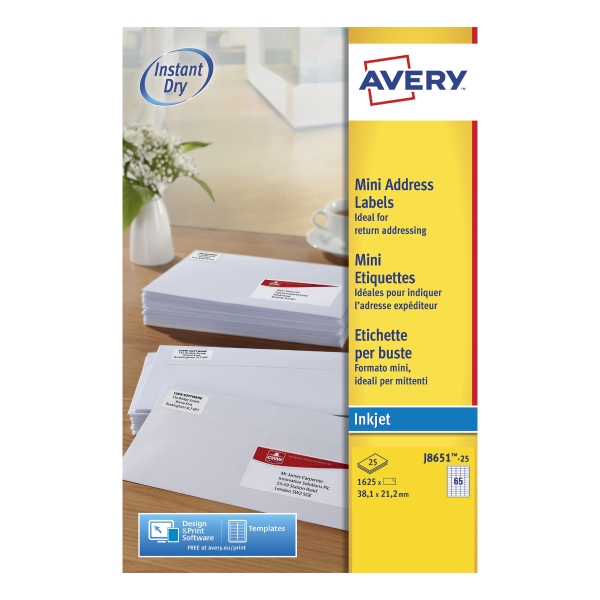 BOITE DE 1625 MINI ETIQUETTES BLANCHES AVERY JET D'ENCRE 38,1X21,2 MM J8651 FSC