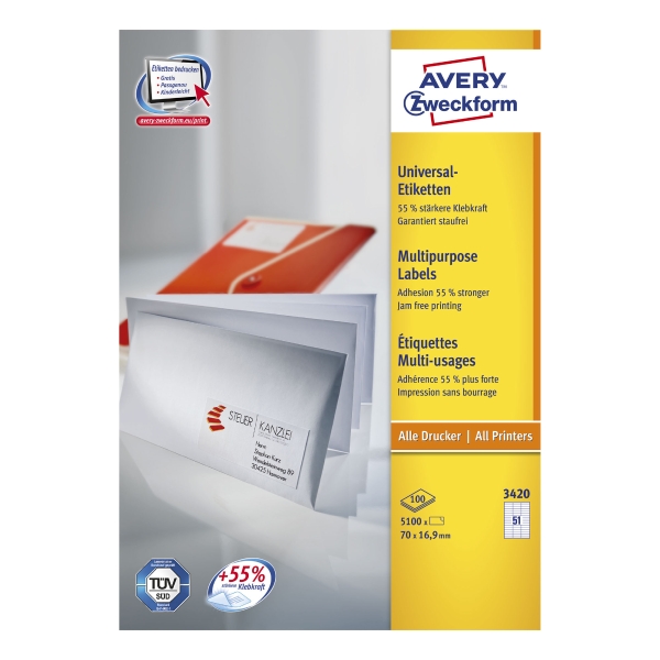 Avery 3420 étiquettes polyvalentes 70x16,9mm - boîte de 5100