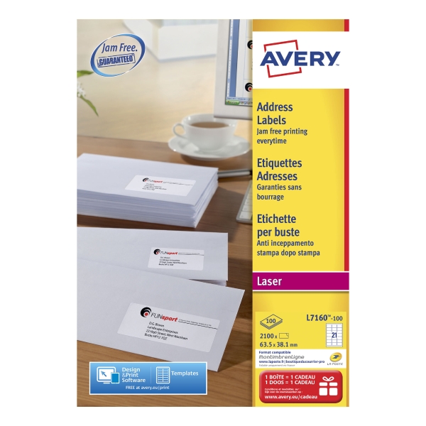 Avery L7160 étiquettes laser Jam Free 63,5x38,1mm - boîte de 2100