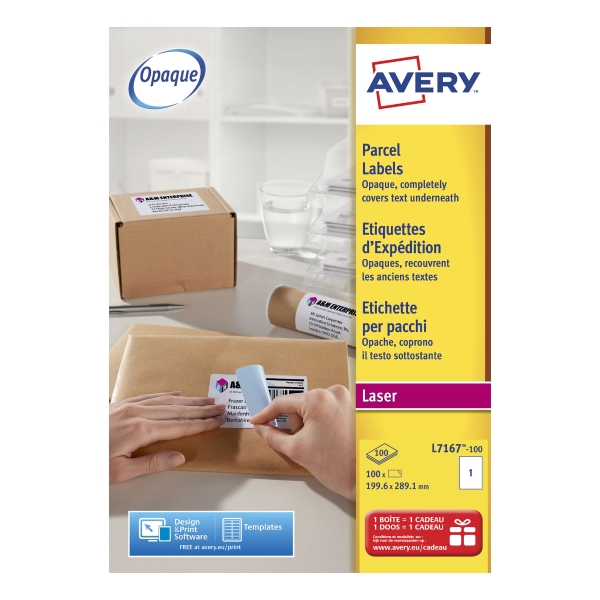 Avery L7167 étiquettes laser Jam Free 199,6x289,1mm - boîte de 100