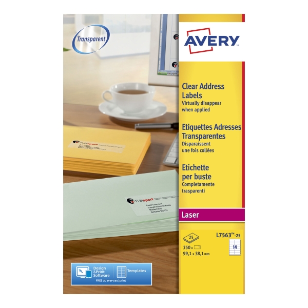 AVERY CLEAR LASER ADDRESS LABELS L7563 99.1 X 38.1MM - BOX OF 350
