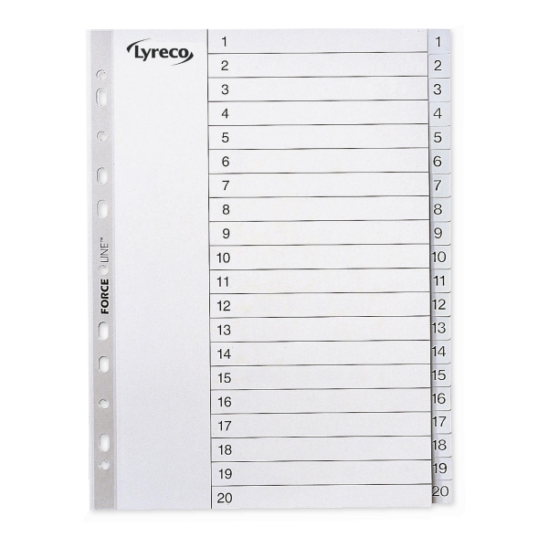 LYRECO POLYPROPYLENE GREY A4 1-20 NUMBERED TABBED INDEX SUBJECT DIVIDERS
