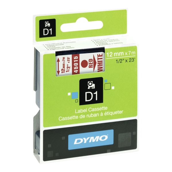 DYMO D1 LABELLING TAPE 7M X 12MM - RED ON WHITE