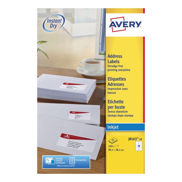 Caixa de 350 etiquetas para impressão inkjet AVERY J8163-25 cantos romos brancas