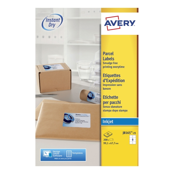 AVERY J8165-25 QUICK DRY WHITE INKJET ADDRESSING LABELS 99.1X67.7MM - BOX OF 25