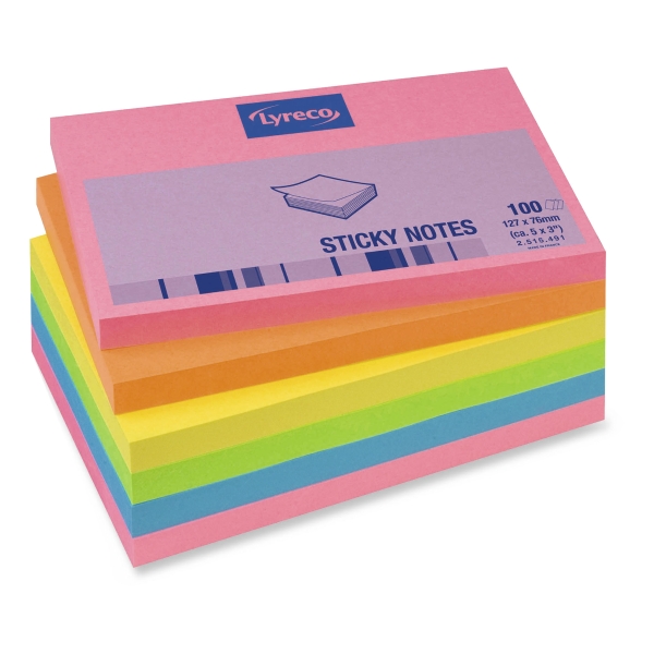 LYRECO ASSORTED COLOUR BRIGHT STICKY NOTES 125 X 75MM - PACK OF 6 PADS