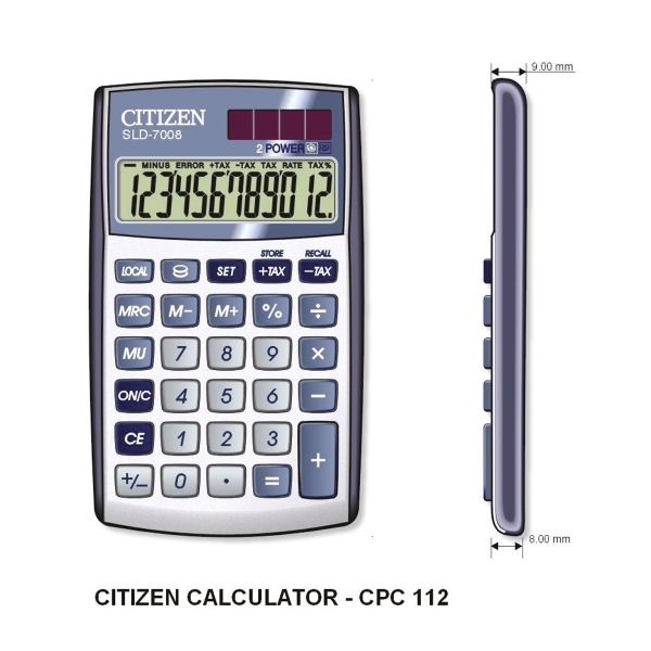 Taschenrechner Citizen CPC-112 Basic+, 12-stellige Anzeige, silber