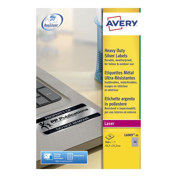 AVERY LASER HEAVY DUTY LABELS SILVER L6009-20  45.7 X 21MM - BOX OF 960