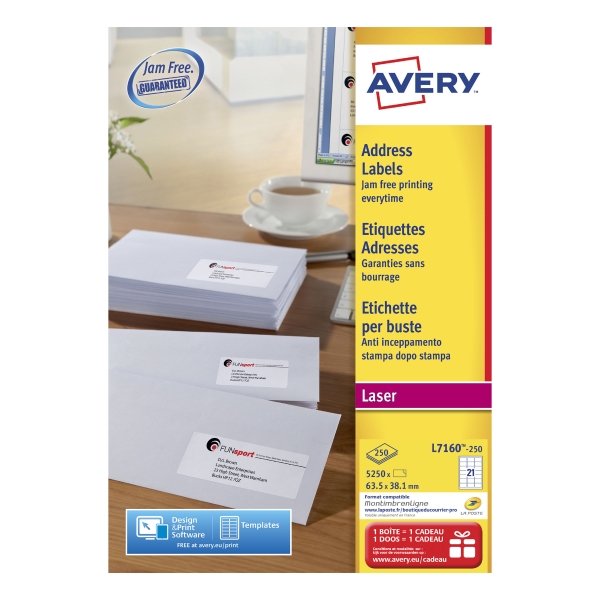 Avery L7160-250 Labels, 63.5 x 38.1 mm 21 Labels Per Sheet, 5250 Labels Per Pack