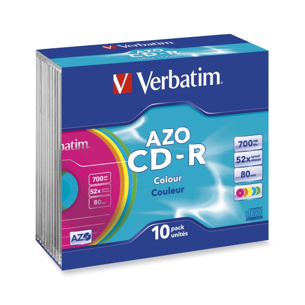 VERBATIM CD-R 80MIN 700MB SLIM CASES COLOUR - PACK OF 10