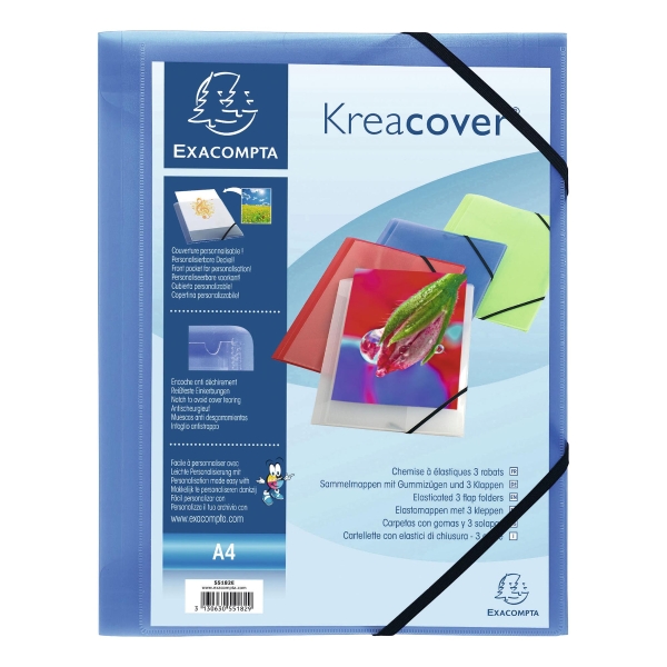 EXACOMPTA KREACOVER 3-FLAP FOLDER WITH ELASTIC PP TRANSPARENT BLUE