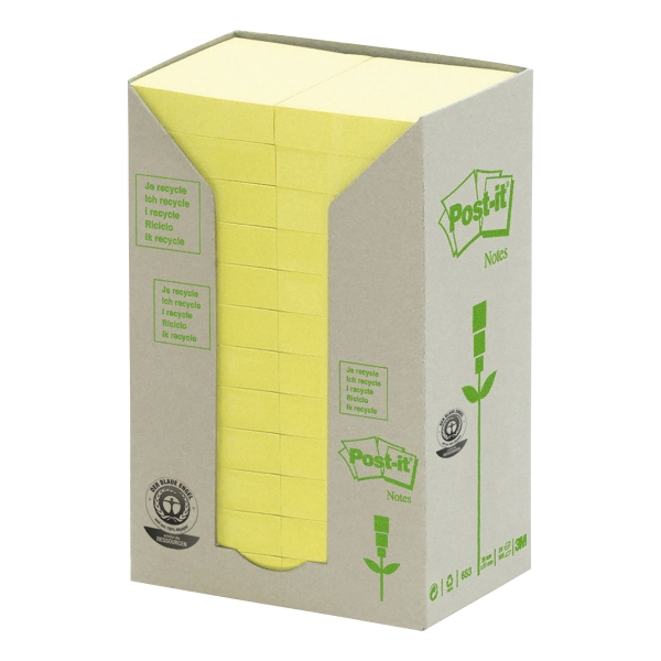 POST-IT RECYCLED NOTES TOWER OF 24 PADS PASTEL YELLOW 38 X 51MM