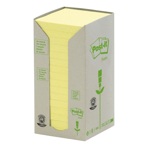 Post-it 654YRT gerecycleerde notes 76x76mm pastel geel - pak van 16