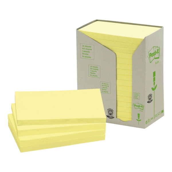 Post-it 655YRT recycled notes 76x127 mm light yellow - pack of 16