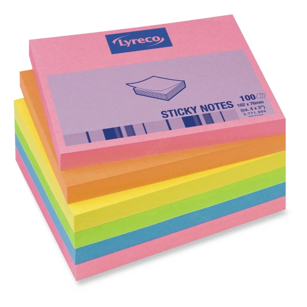 LYRECO ADHESIVE NOTES 100 X 75 MM 5 ASSORTED BRILLIANT COLOURED - PACK OF 6