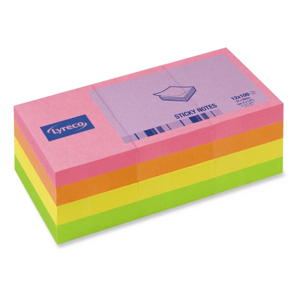 LYRECO ADHESIVE NOTES 50 X 40 MM 4 ASSORTED BRILLIANT COLOURED - PACK OF 12