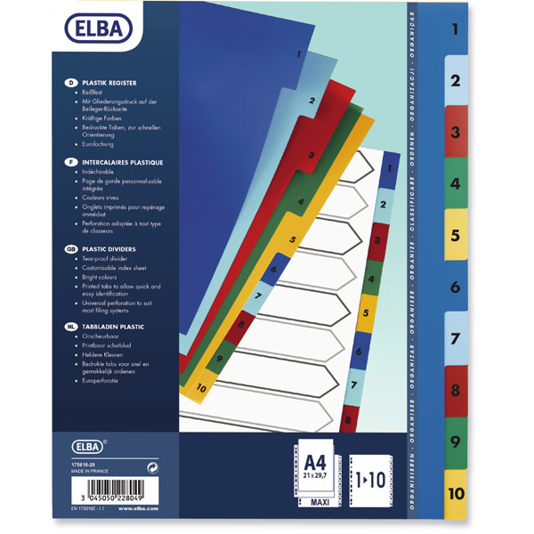 ELBA A4+ DIVIDERS ASSORTED COLOURS 1-10 PARTS