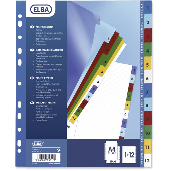 ELBA A4+ DIVIDERS ASSORTED COLOURS 1-12 PARTS