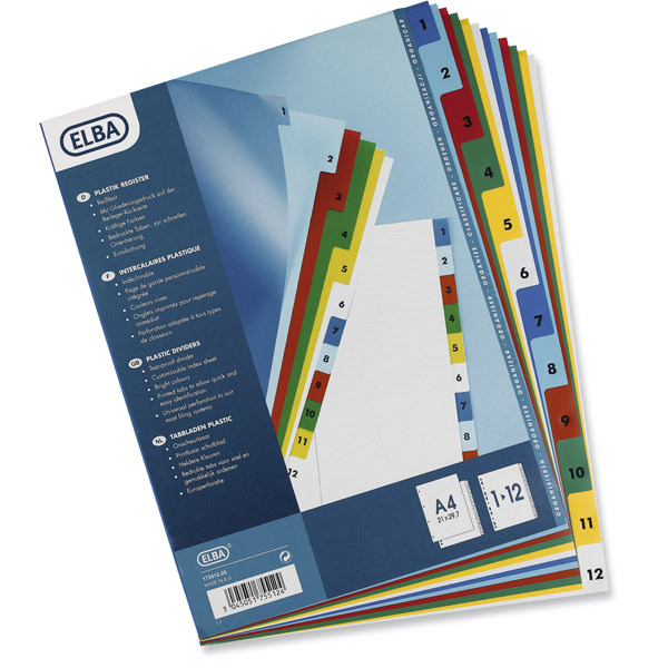 ELBA A4+ DIVIDERS ASSORTED COLOURS 1-12 PARTS