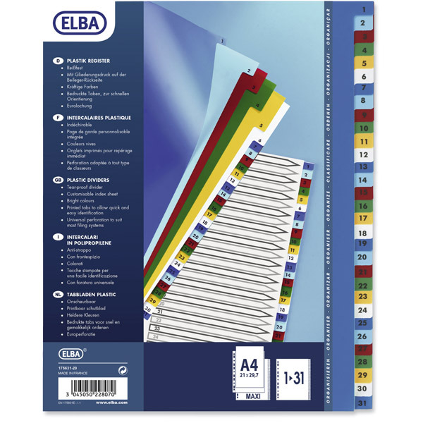 ELBA A4+ DIVIDERS ASSORTED COLOURS 1-31 PARTS