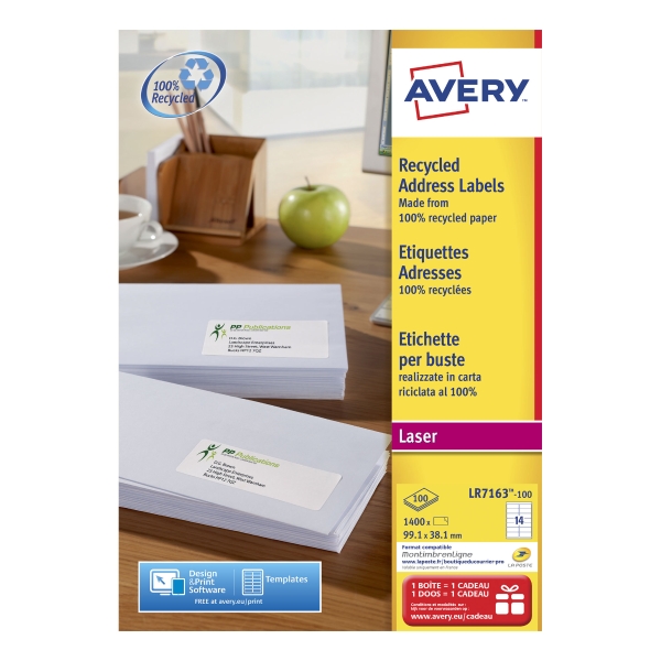 Etiquette adresse recyclée Avery - LR7163 - 99,1 x 38,1 mm - blanche - par 1400