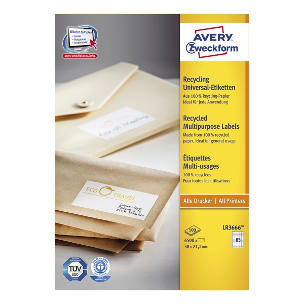 Avery LR3666 etiketten recycled 38x21,2mm - doos van 6500