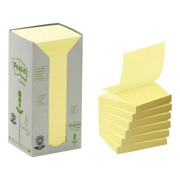 POST-IT 100 PERCENT RECYCLED Z NOTES 76 X 76MM YELLOW - PACK OF 16 PADS