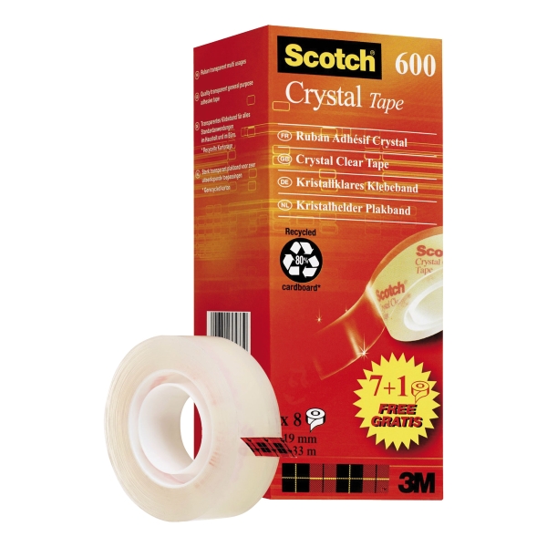 SCOTCH CRYSTAL TAPE 19MMX33M - PACK OF 8 (INCLUDES 1 FREE ROLL)
