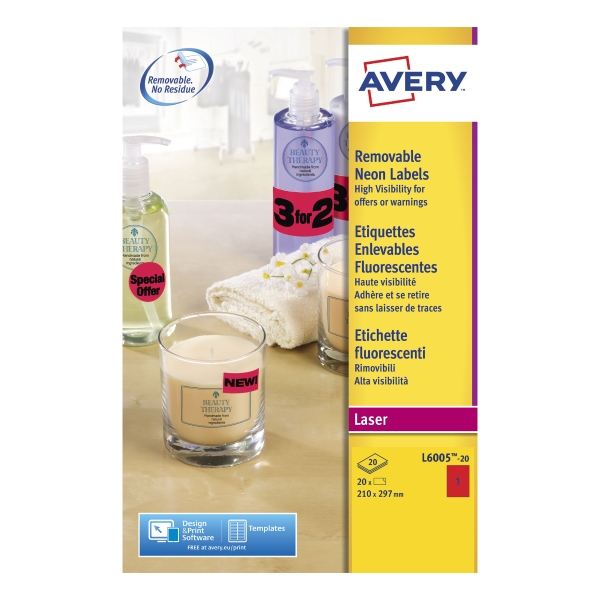Avery Labels A4 Size 210X297Mm Fluorescent Red - Box Of 20 Labels