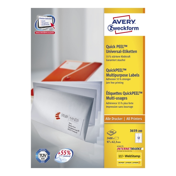 AVERY INKJET/LASER/COPIER LABELS WHITE 3659-200 - 97 X 42.3MM- BOX OF 2400