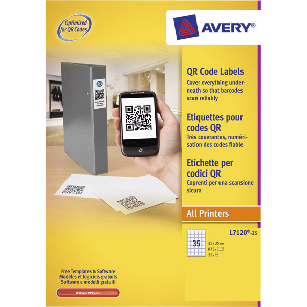 AVERY L7120-25 QR CODE LABELS 35 X 35MM - BOX OF 875 LABELS