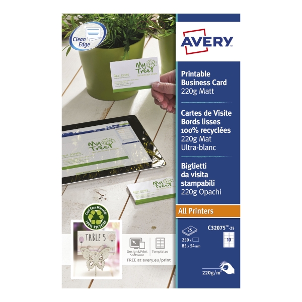 Avery C32075 visitekaartjes recyc. laser  85x54mm 220g - hoogwit - doos van 250