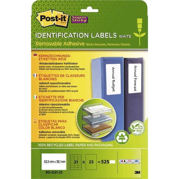 PAQ 525 ETIQUETTES RECYCLEES IDENTIFICATION POST-IT 63.5X38.1MM REPOSITIONNABLES