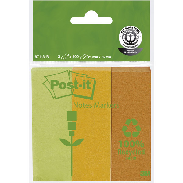 POST-IT RECYCLED PAGE MARKERS 25 X 76MM ASSORTED COLOURS - 3 PADS OF 75 INDEX