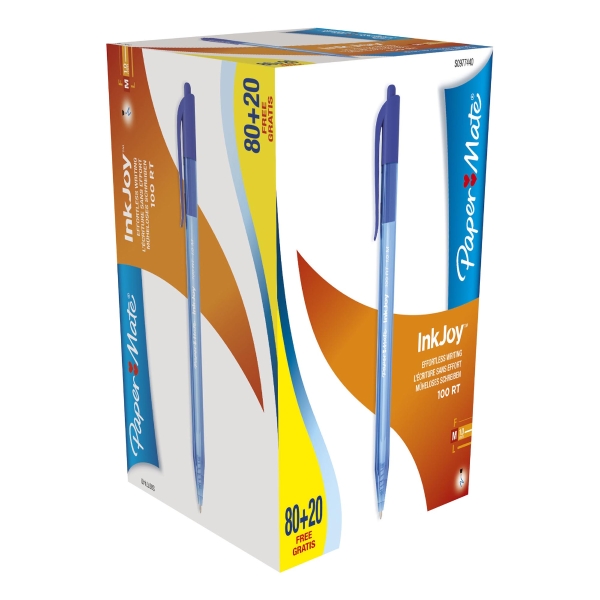 Paper Mate InkJoy 100RT Ballpoint Pen Medium Retractable Blue - Pack Of 100