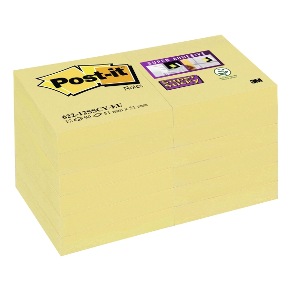 Notes Post-it Super Sticky - 47,6 x 47,6 mm - jaunes - 12 blocs x 90 feuilles