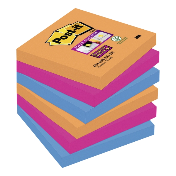 POST-IT SUPER STICKY NOTES 76 X 76MM ELECTRIC GLOW - PACK OF 6 PADS