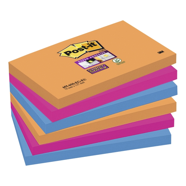 POST IT SUPER STICKY BRIGHT NOTES ELECTRIC GLOW 76X127MM PACK OF 6