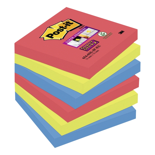 POST IT SUPER STICKY BRIGHT NOTES JEWEL POP 76X76MM PACK OF 6