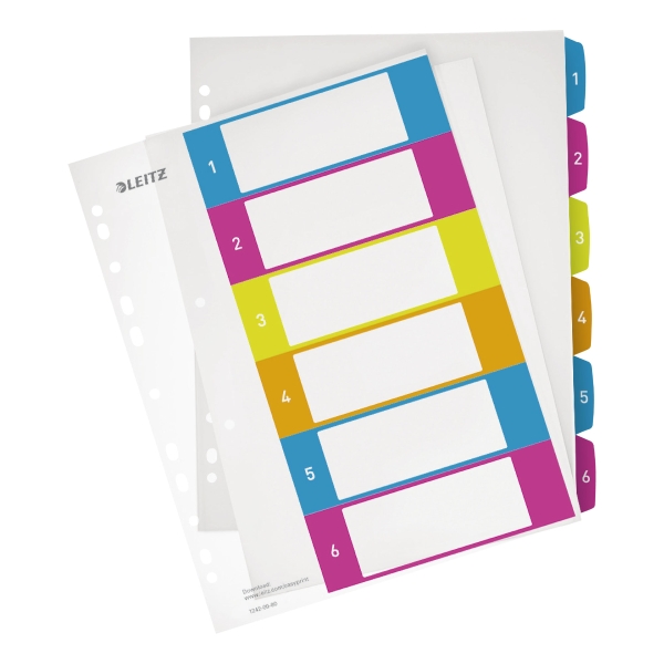 Leitz WOW numerical dividers 6-tabs in PP A4+ assorted colours