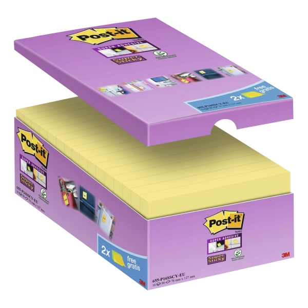 Haftnotizen Post-it Super Sticky 65516SYP, 127x76 mm, 16 Blöcke à 90 Blatt, gelb