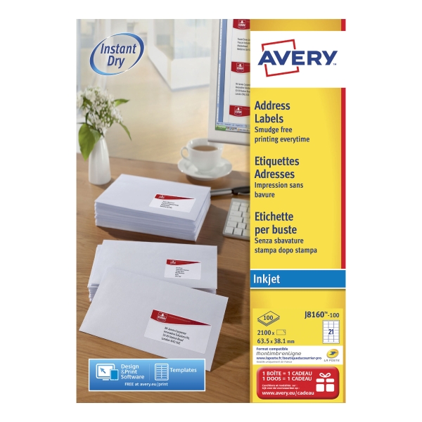 Avery J8160-100  Labels, 63.5 x 38.1 mm, 21 Labels Per Sheet