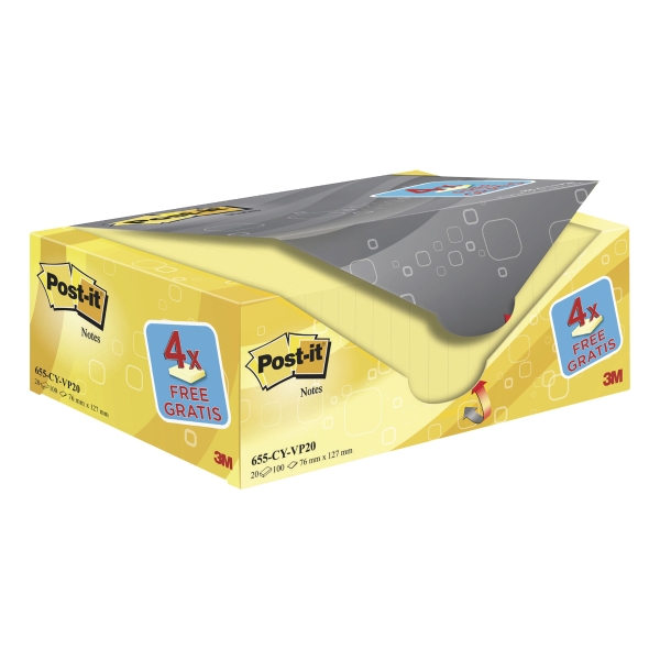 Pack 16+4 blocks 100 notas adhesivas Post-it color amarillo Dimensiones76x127mm