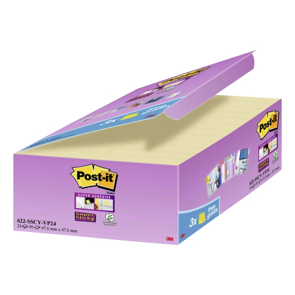 Pack de 21+3 blocks notas adhesivas Post-it Super Sticky amarillo 47,6x47,6mm