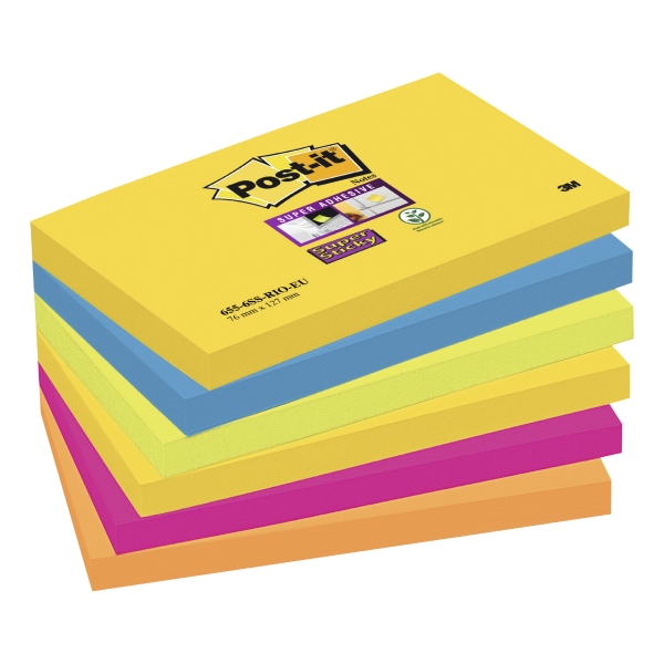 POST-IT SUPER STICKY NOTES 76X127MM RIO COLOURS - PACK OF 6