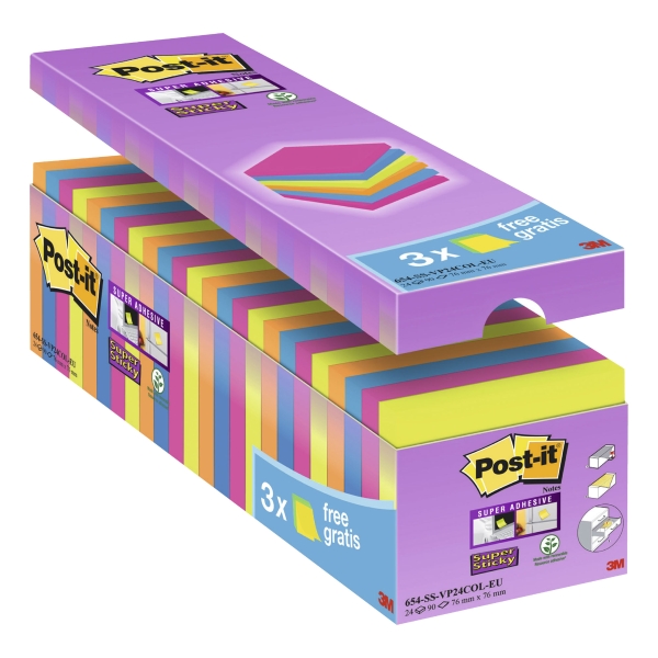 POST-IT SUPER STICKY NOTES 76X76MM ASSORTED COLOURS - PACK OF 24