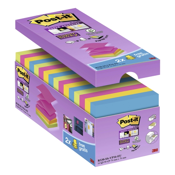 POST-IT SUPER STICKY Z-NOTES VALUE PACK 76X76MM ASSORTED COLOURS - PACKOF16 PADS