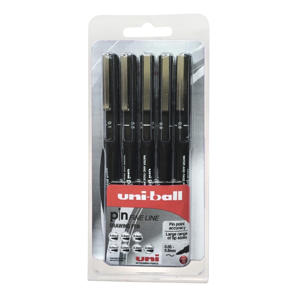 UNI-BALL UNI PIN BLACK ASSORTED WIDTH DRAWING PEN - PACK OF 5